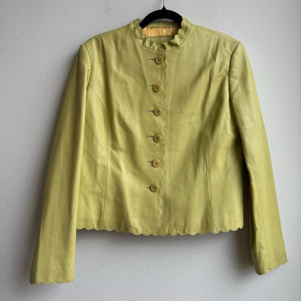 Vintage 100% Leather Scallop Ruffle Lime Spring Green Button Up Jacket Medium